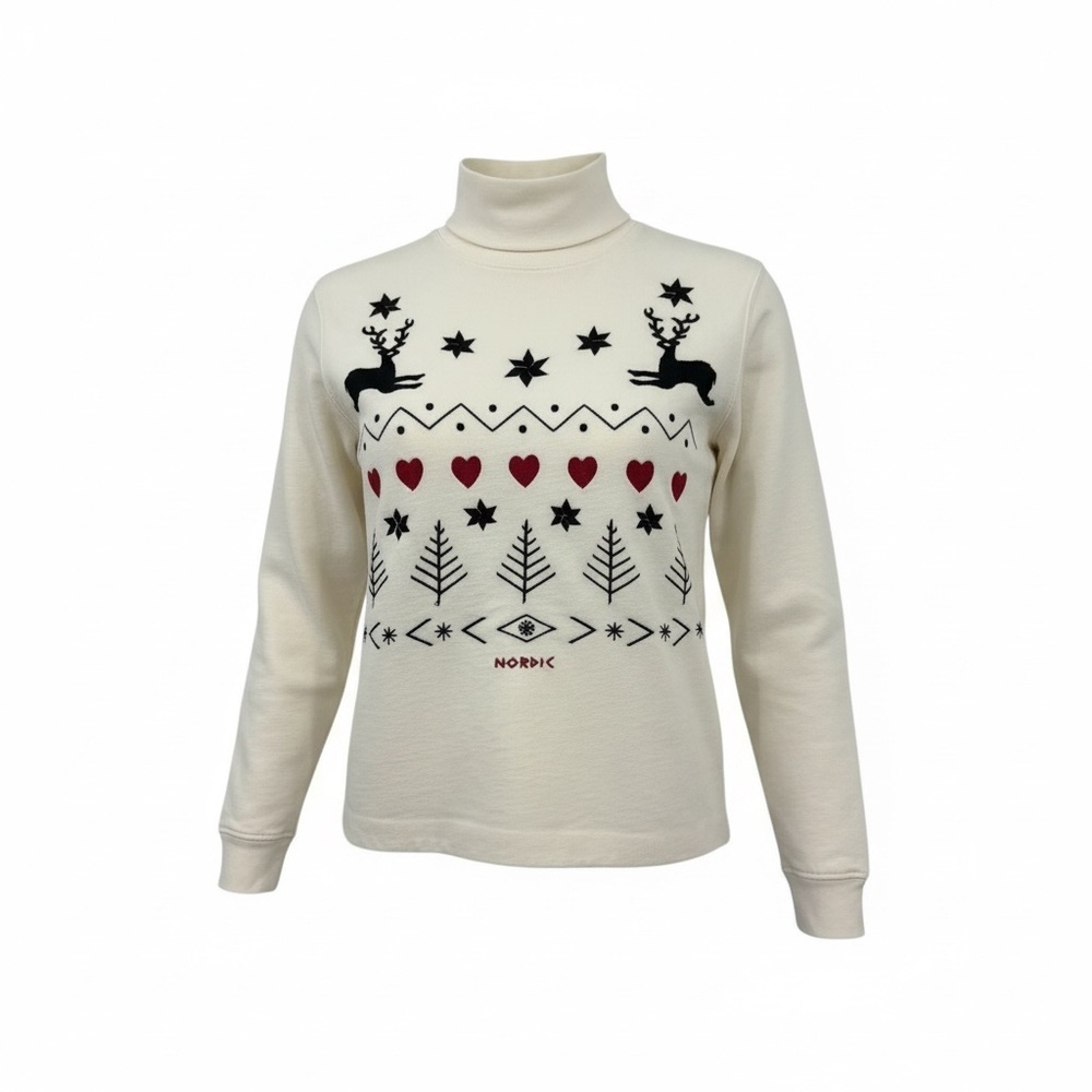 Vintage Embroidered Holiday Mock Neck Top in Cream Women’s Size M